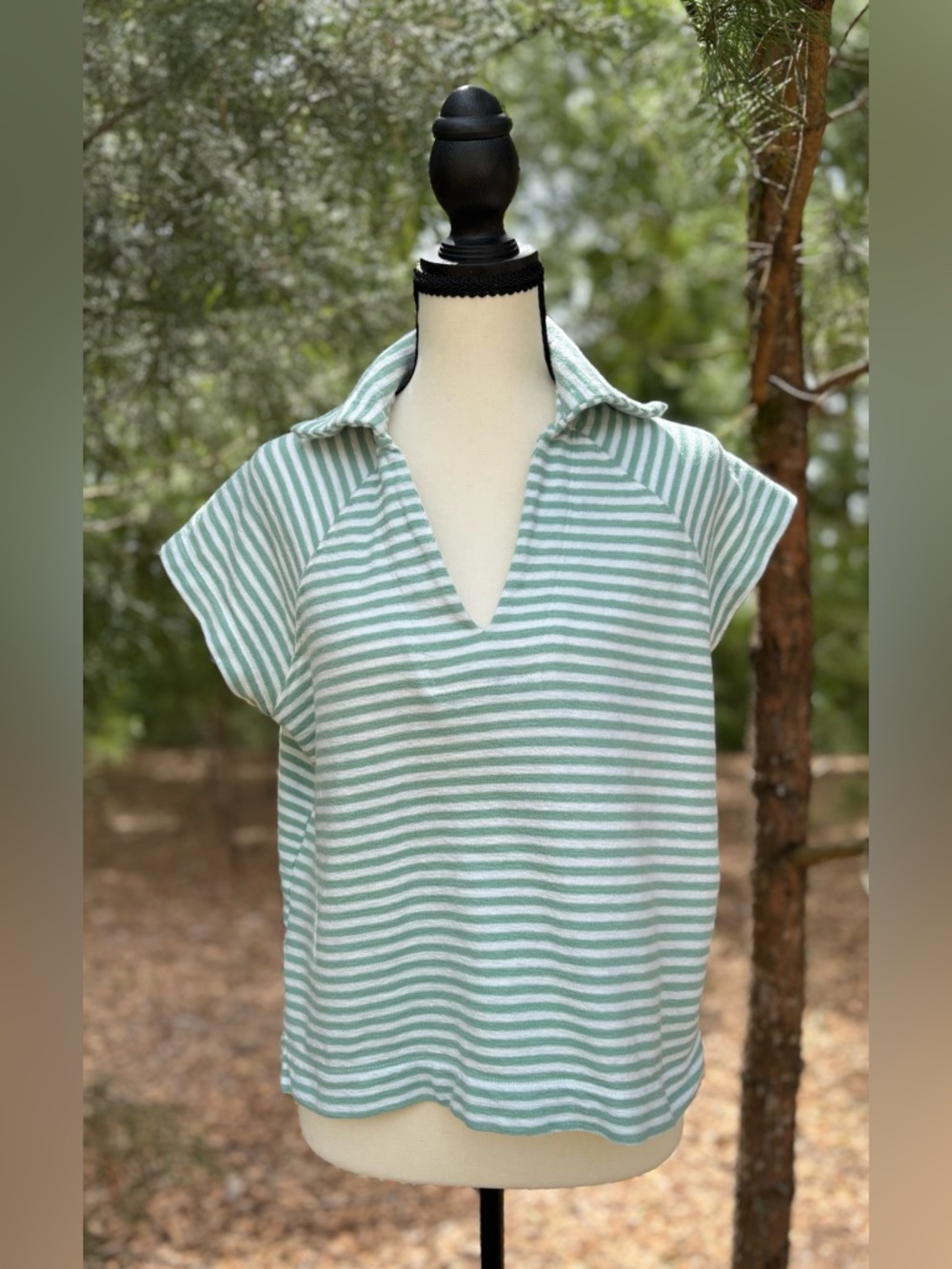 Striped Mint & White Collared V-Neck Short Sleeve Top